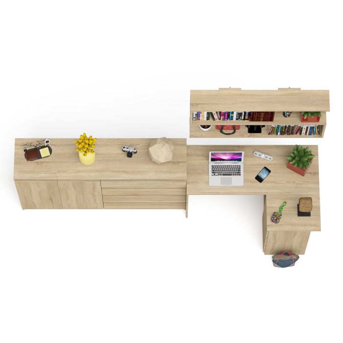 Домашние кабинеты, Тумба-комод МК1600.1 Мори с навесной книжной полкой и угловой компьютерный стол МС-16 правый