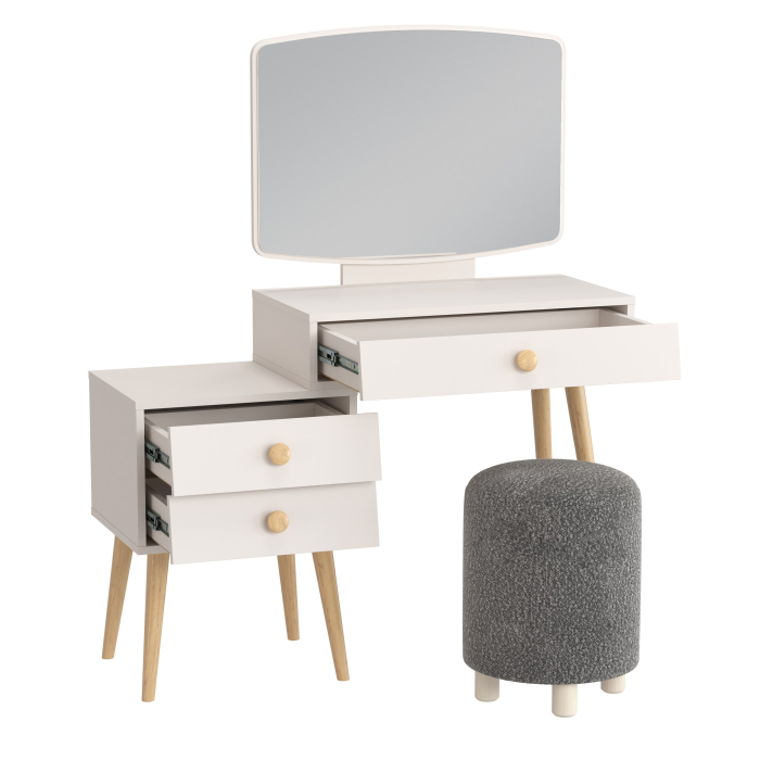 С зеркалом, Пуфик мягкий Марта и туалетный стол в спальню Афина
