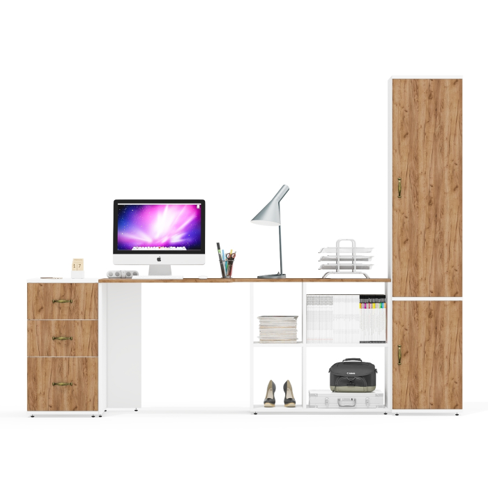 Домашние кабинеты, Тумбочка с выдвижными ящиками и письменный стол Лидер-8 с узким шкафом пять полок 22Б