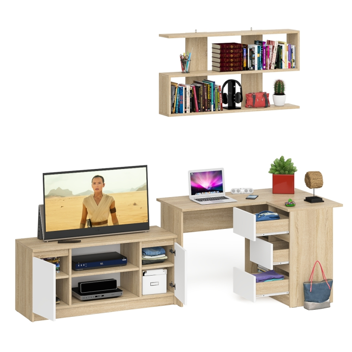 Домашние кабинеты, Стол угловой компьютерный Мори МС-16 правый с книжной полкой и ТВ-тумбой МТВ1200.1