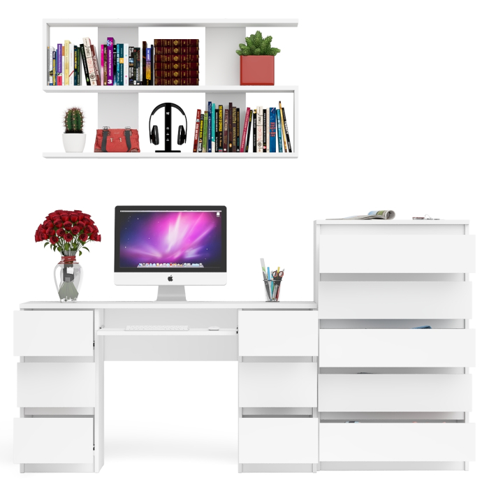 Домашние кабинеты, Стол для работы МС-2 с высоким комодом на пять ящиков и навесной полкой Мори