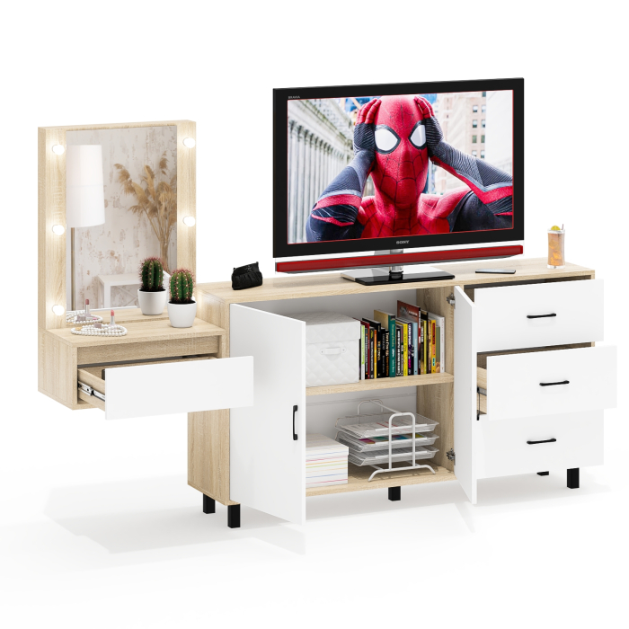 С зеркалом, Косметический навесной столик с подсветкой и комод с ящиками и дверками 123-1604