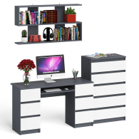 Домашние кабинеты, Стол для работы МС-2 с высоким комодом на пять ящиков и навесной полкой Мори