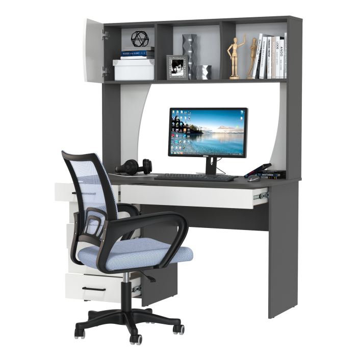 Прямые компьютерные столы, Стол компьютерный с надстройкой Сигма и компьютерное кресло серое