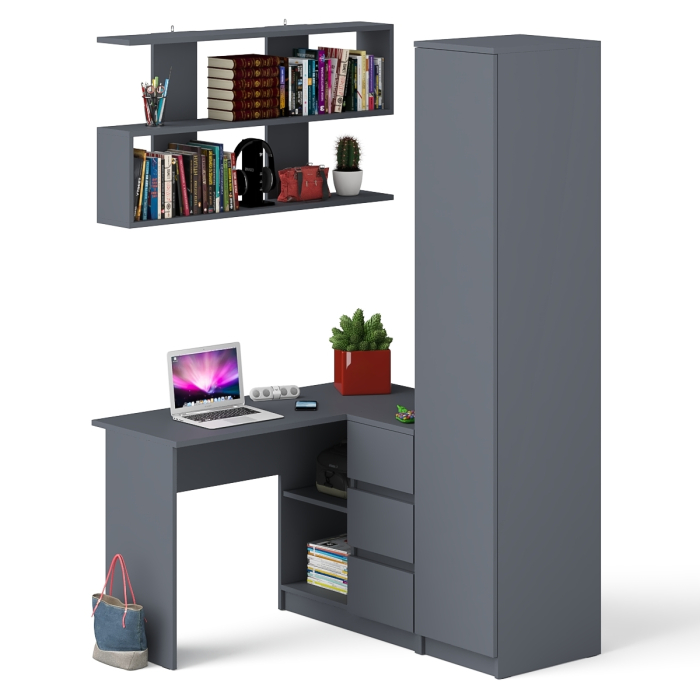 Домашние кабинеты, Стол угловой компьютерный Мори МС-16 правый с пеналом с полками и навесной открытой полкой 1200