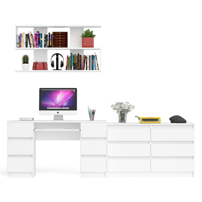 Домашние кабинеты, Широкий комод Мори на шесть ящиков с двутумбовым столом МС-2 и открытой полкой