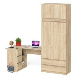 Компьютерный угловой стол - тумба слева со шкафом-комодом и антресолью Мори