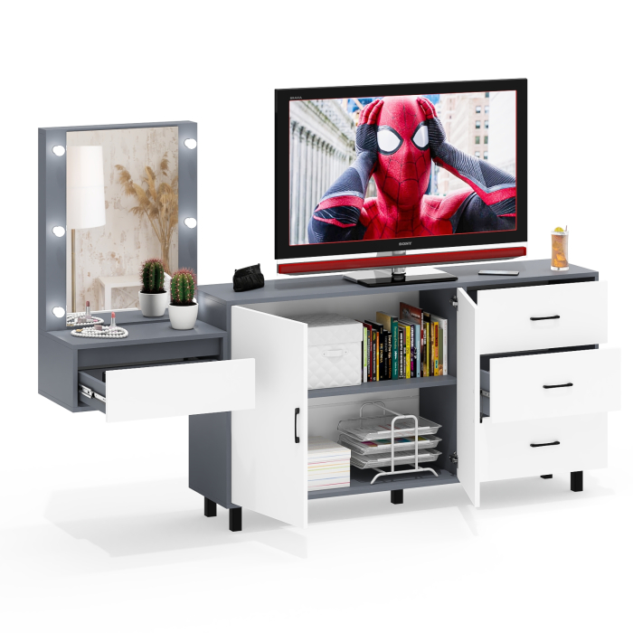 С зеркалом, Косметический навесной столик с подсветкой и комод с ящиками и дверками 123-1604