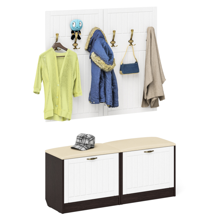 Прихожие, Две обувницы с мягким сиденьем с двумя вешалками для одежды П-6 МДФ фрезеровка прованс