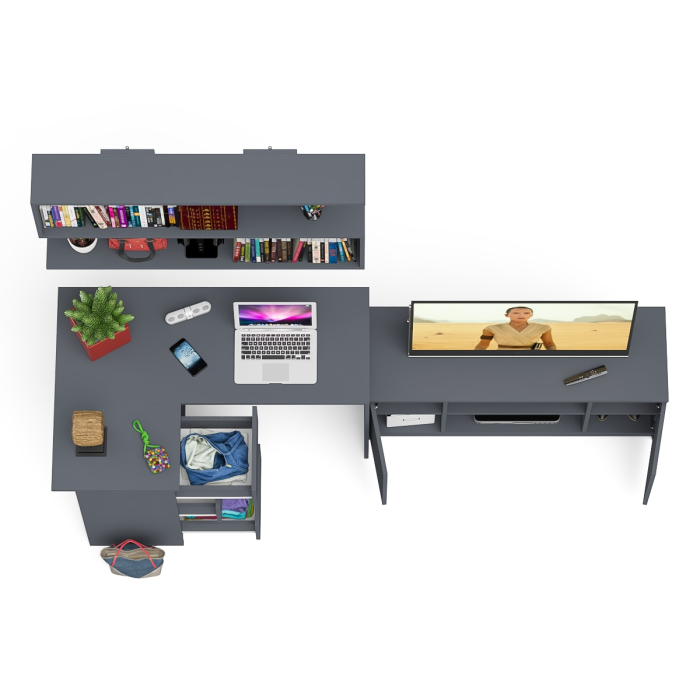 Домашние кабинеты, Угловой стол компьютерный Мори МС-16 левый с тумбой под ТВ и полкой для книг