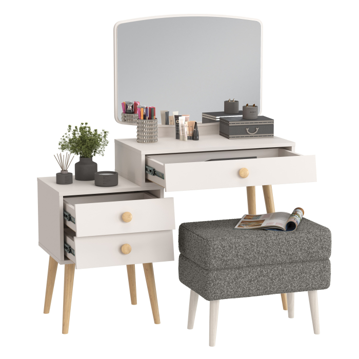 С зеркалом, Женское трюмо для спальни Афина и банкетка на ножках Тифани