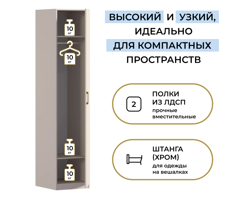 Для одежды, Шкаф однодверный Макс 500 мм, вариант №1 (ЛДСП/МДФ)