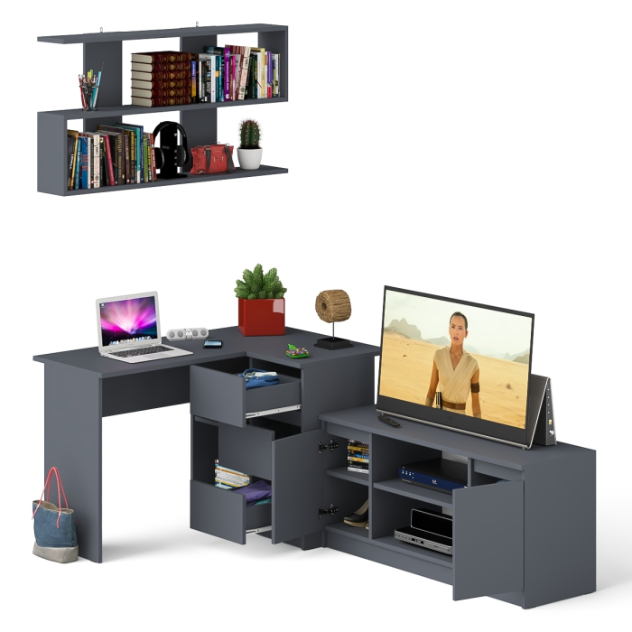 Домашние кабинеты, Стол угловой компьютерный Мори МС-16 правый с книжной полкой и ТВ-тумбой МТВ1200.1