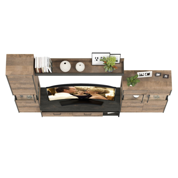 Стенки для гостиной, Тумба для телевизора с навесной полкой с комодом и пеналом с подсветкой Трувор