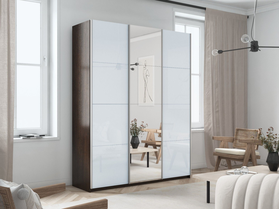 Шкафы-купе 3-х дверные, Шкаф-купе Прайм 3-х дверный Стекла белые/Зеркало/Доводчики 210х57х230