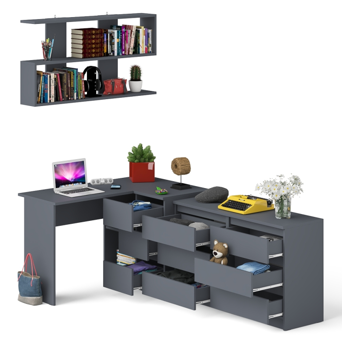 Домашние кабинеты, Стол угловой компьютерный Мори МС-16 правый с книжной полкой и комодом на шесть ящиков