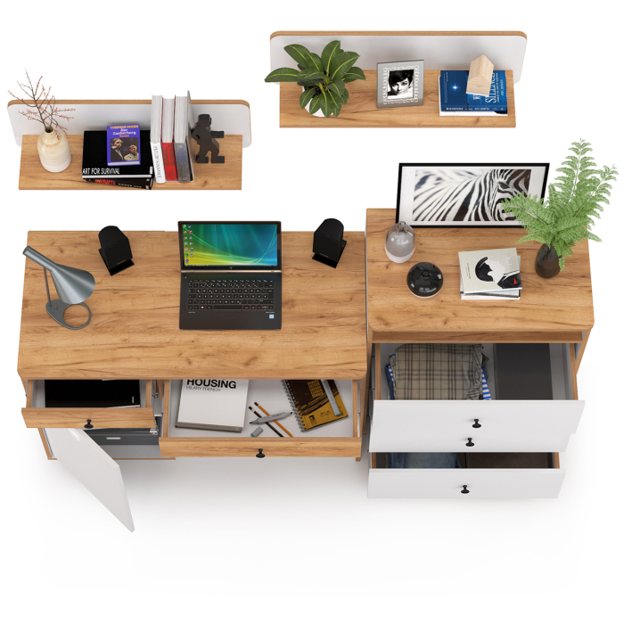 Офисная мебель, Стол письменный с комодом и двумя открытыми полками Вуди