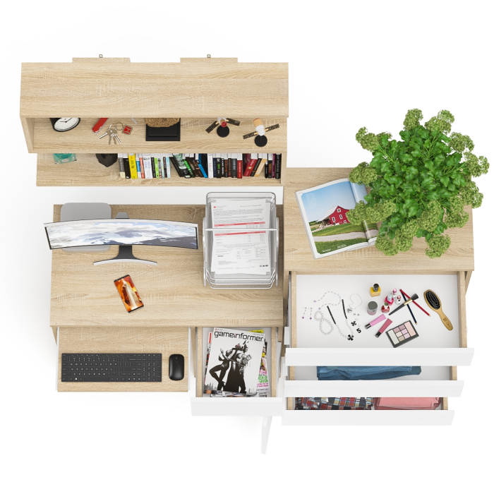 Домашние кабинеты, Стол компьютерный Мори МС-1 правый с высоким комодом на пять ящиков и навесной полкой