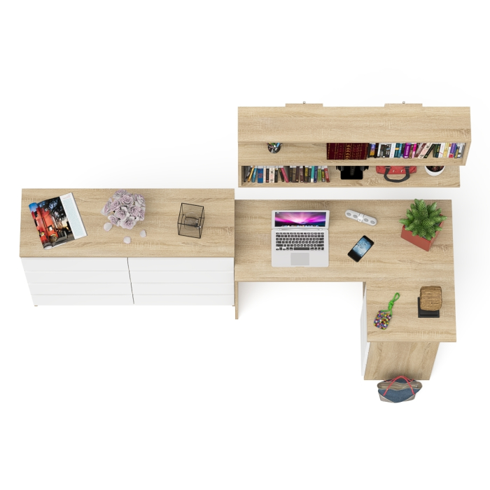 Домашние кабинеты, Стол компьютерный угловой с ящиками Мори МС-16 правый с навесной полкой и комодом МК1200.8
