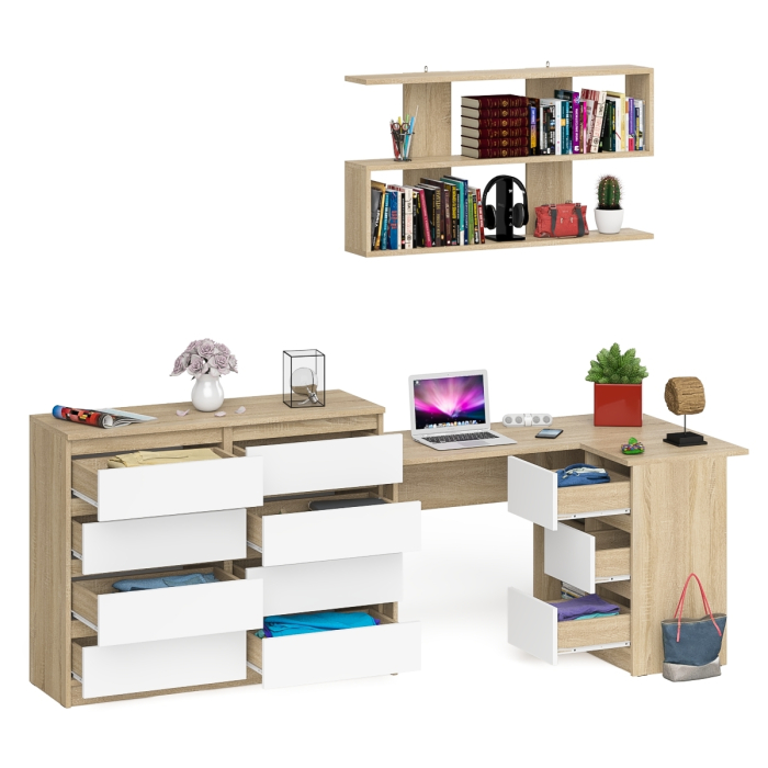 Домашние кабинеты, Стол компьютерный угловой с ящиками Мори МС-16 правый с навесной полкой и комодом МК1200.8