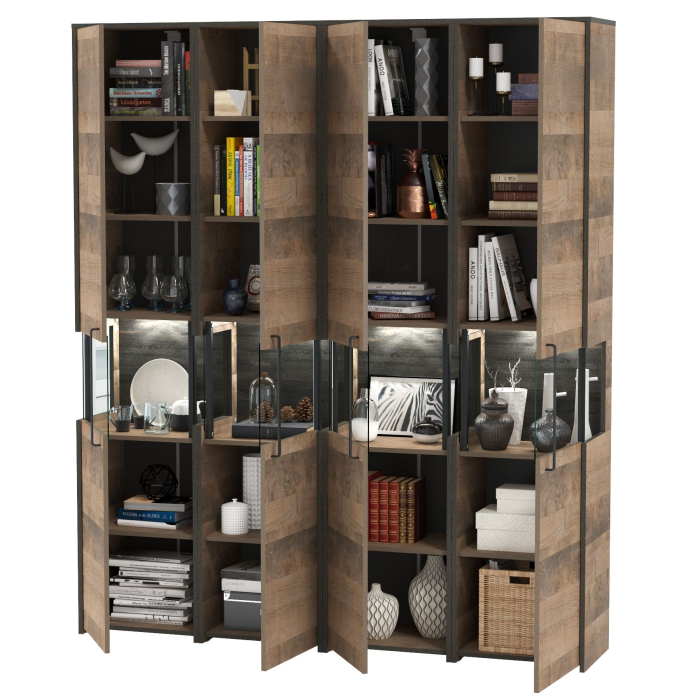 Стенки для гостиной, Четыре шкаф-пенала с витриной и подсветкой в индустриальном стиле в гостиную Трувор