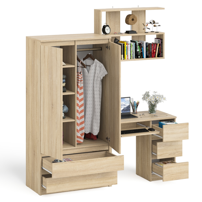 Домашние кабинеты, Стол компьютерный Мори МС-6 правый с полкой для книг и шкаф-комодом двери и два ящика
