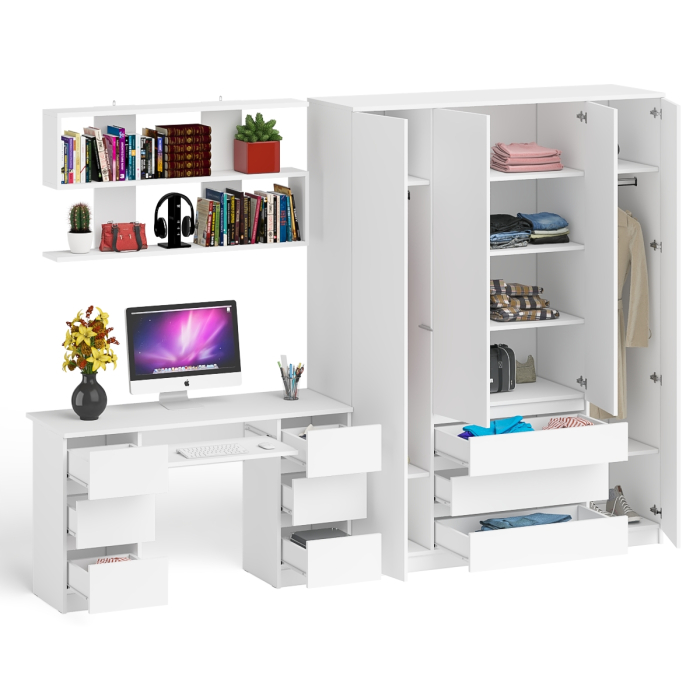 Домашние кабинеты, Большой 4-х дверный шкаф-комод Мори МШ1600.1 и стол с верхней навесной полкой