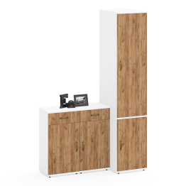 Глубокий узкий шкаф с вешалкой и полкой и две тумбы с выдвижным ящиком и дверкой Лидер-8