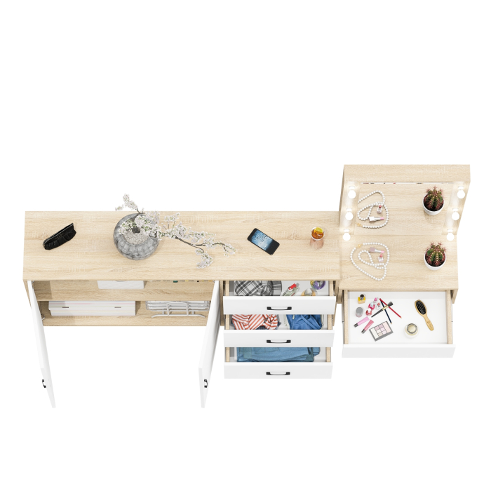 С зеркалом, Косметический навесной столик с подсветкой и комод с ящиками и дверками 123-1604