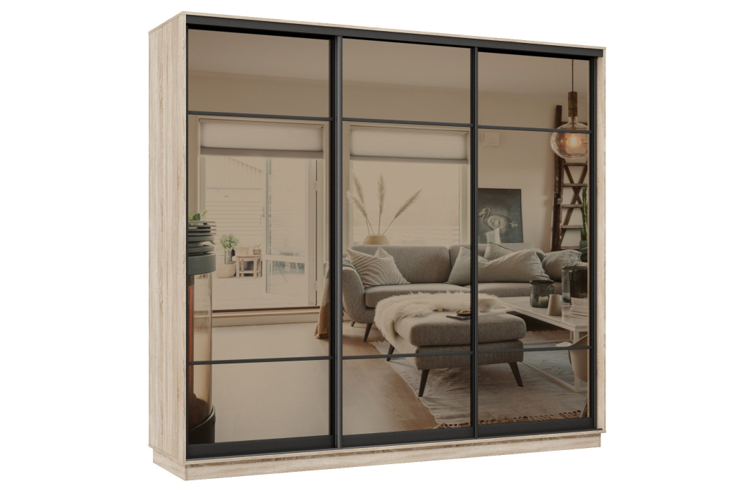 Шкафы-купе 3-х дверные, Шкаф-купе Премьер 60 (11ЗБ;11ЗБ;11ЗБ) фасады зеркало бронза/трёхдверный/Профиль чёрный муар