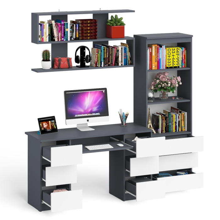 Домашние кабинеты, Рабочее место Мори из стола двухтумбового МС-2 с навесной полкой и стеллажом