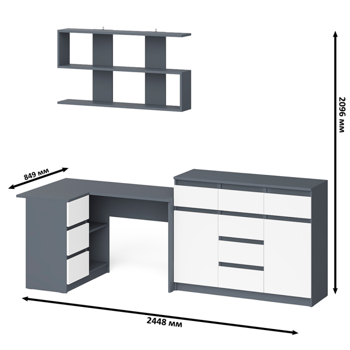 Домашние кабинеты, Стол компьютерный угловой Мори МС-16 левый с комодом МК1200.4 и навесной открытой полкой 1200