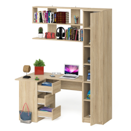 Угловой компьютерный стол с ящиками Мори МС-16 левый с книжной полкой и пеналом с полками