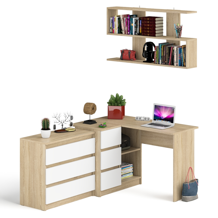 Домашние кабинеты, Комод на три ящика Мори МК800.1 с компьютерным столом для работы левый и открытой полкой