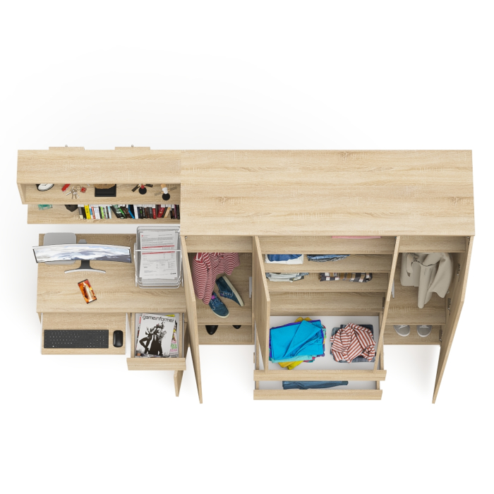 Домашние кабинеты, Стол компьютерный с тумбой справа с большим шкафом Мори МШ1600.1 и полкой открытой