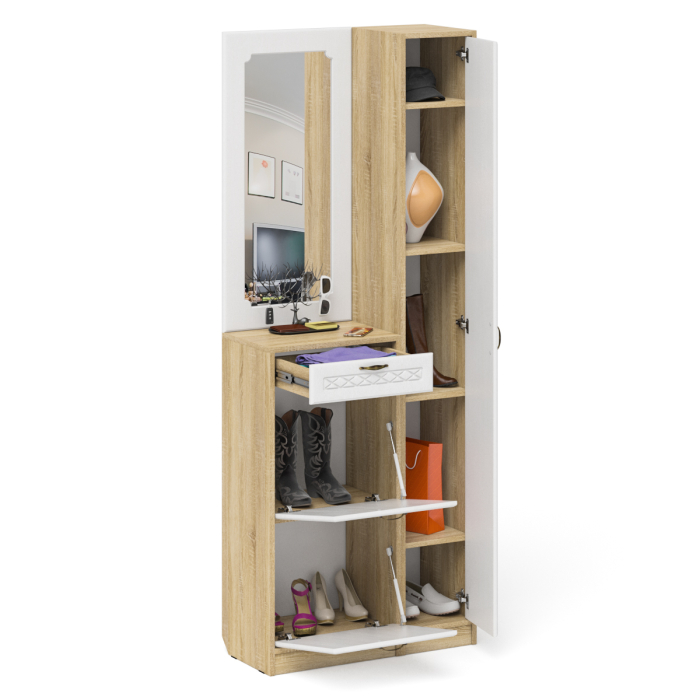 Прихожие, Высокая обувница с зеркалом и пеналом П-6 № 23 МДФ фрезеровка ромб