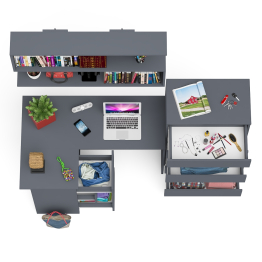 Угловой компьютерный стол Мори МС-16 левый с навесной полкой и высоким комодом на 5-ть ящиков