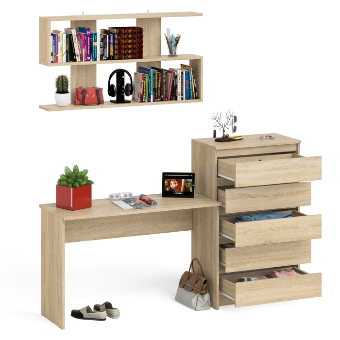 Прямые компьютерные столы, Комод высокий Мори пять выдвижных ящиков со столом для работы на 1200 и навесной полкой 1200