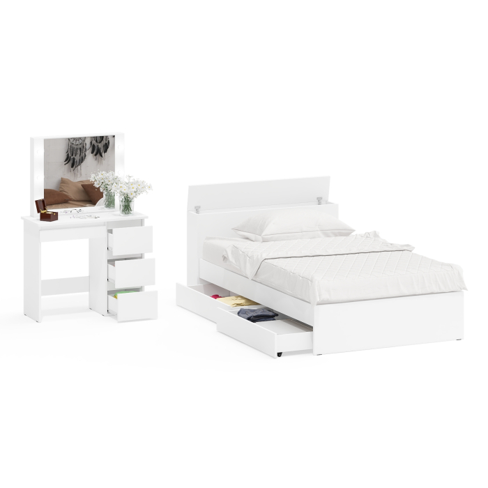 Спальные гарнитуры, Кровать с ящиками полутораспальная Ксения 1200 и туалетный столик с подсветкой Сура