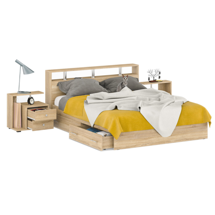 Спальные гарнитуры, Кровать с ящиками Камелия 1600 с двумя прикроватными тумбами