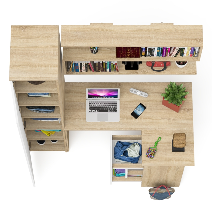 Домашние кабинеты, Стол угловой компьютерный Мори МС-16 правый с пеналом с полками и навесной открытой полкой 1200