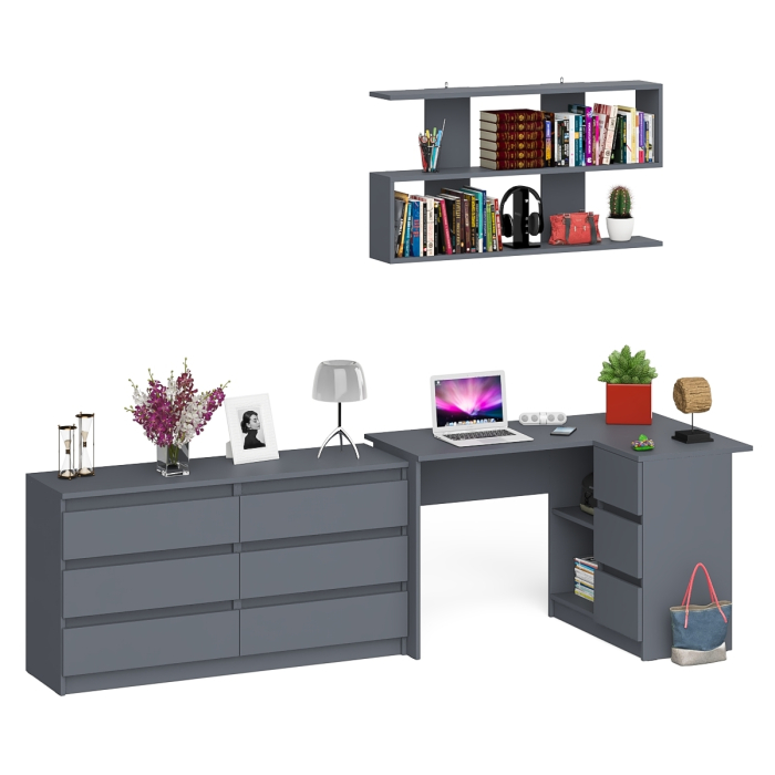 Домашние кабинеты, Комод широкий 6-ть ящиков Мори МК1380.6 с угловым компьютерным столом МС-16 правым и открытой книжной полкой