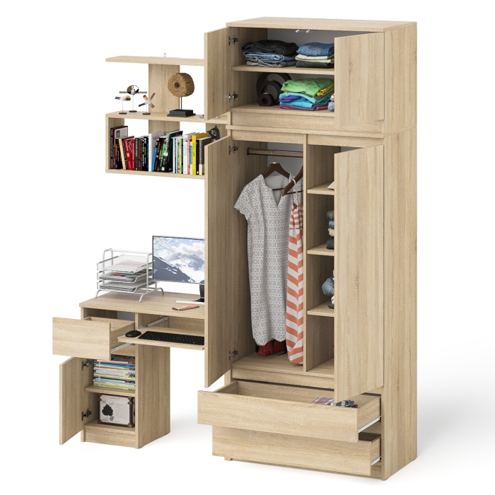 Домашние кабинеты, Стол однотумбовый Мори МС-1 левый с полкой навесной и комодом-шкафом с антресолью