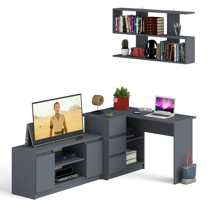 Домашние кабинеты, Угловой стол компьютерный Мори МС-16 левый с тумбой под ТВ и полкой для книг