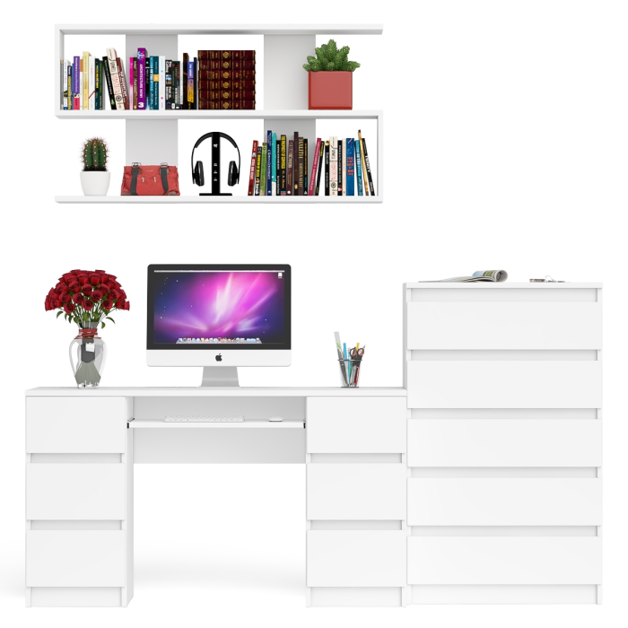 Домашние кабинеты, Стол для работы МС-2 с высоким комодом на пять ящиков и навесной полкой Мори