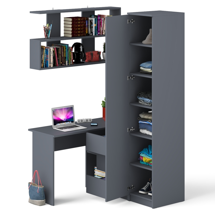 Домашние кабинеты, Стол угловой компьютерный Мори МС-16 правый с пеналом с полками и навесной открытой полкой 1200