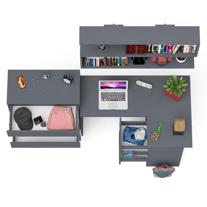 Домашние кабинеты, Книжная навесная полка Мори с угловым компьютерным столом МС-16 правым и комодом Мори МК800.4