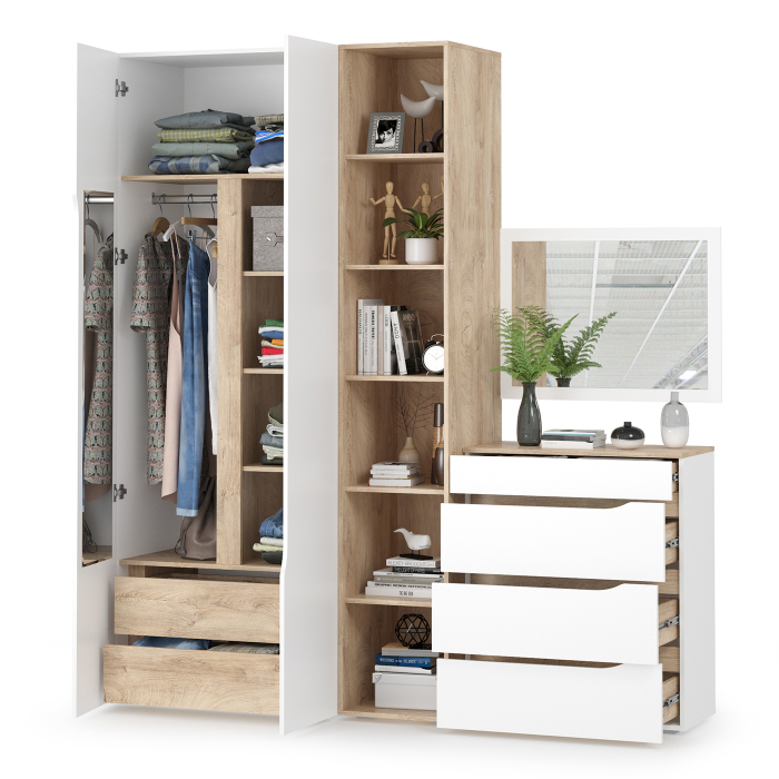 В гостиную, Комплект Муссон Шк+Ст+Ком+Зеркало белый/дуб эндгрейн элегантный