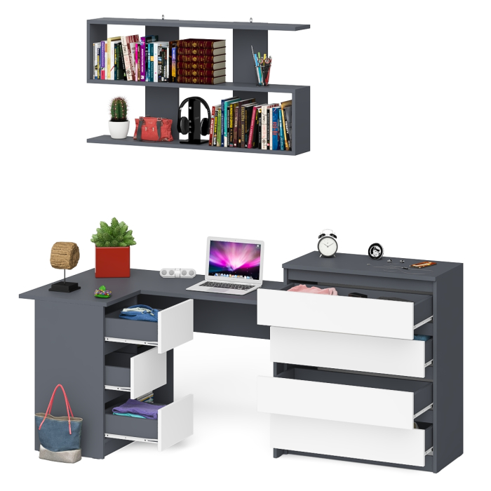 Домашние кабинеты, Стол компьютерный Мори МС-16 с тремя ящиками слева с книжной полкой на 1200 и комод на 4-ре ящика