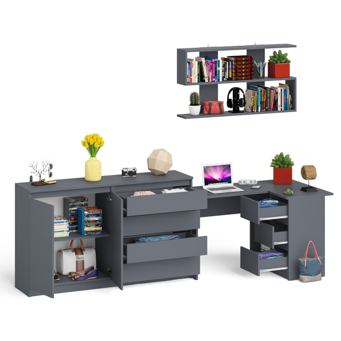 Домашние кабинеты, Тумба-комод МК1600.1 Мори с навесной книжной полкой и угловой компьютерный стол МС-16 правый